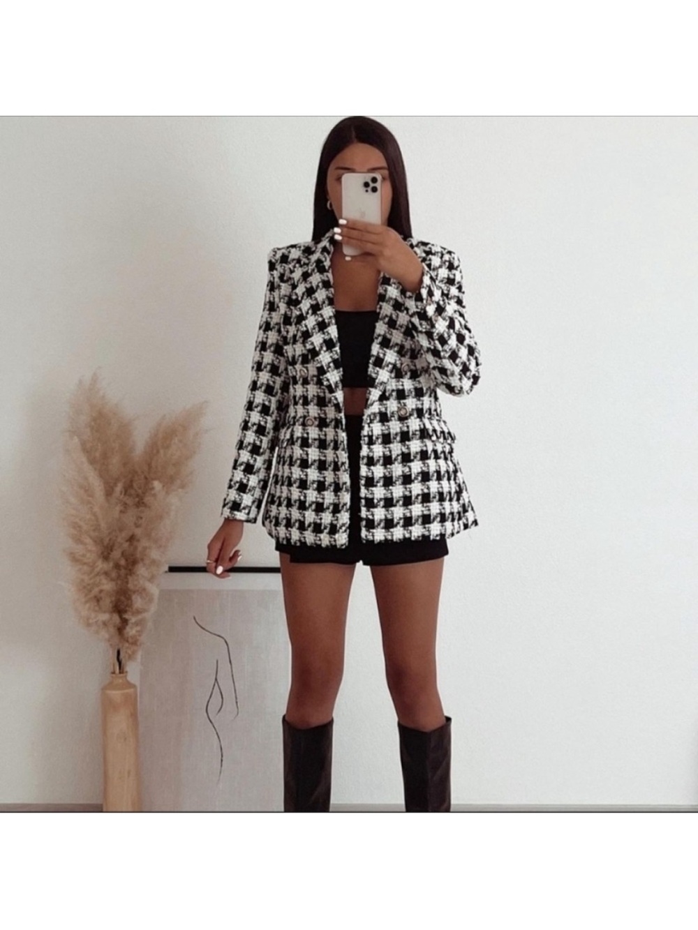 Zara Black and White Houndstooth Blazer